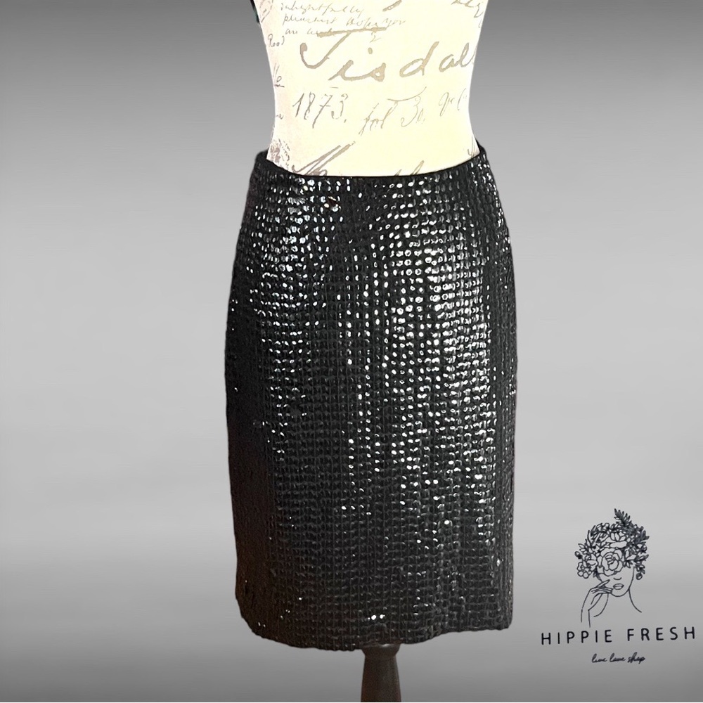 Carmen Marc Valvo Black Shimmering Sequins Pencil Skirt Size 14